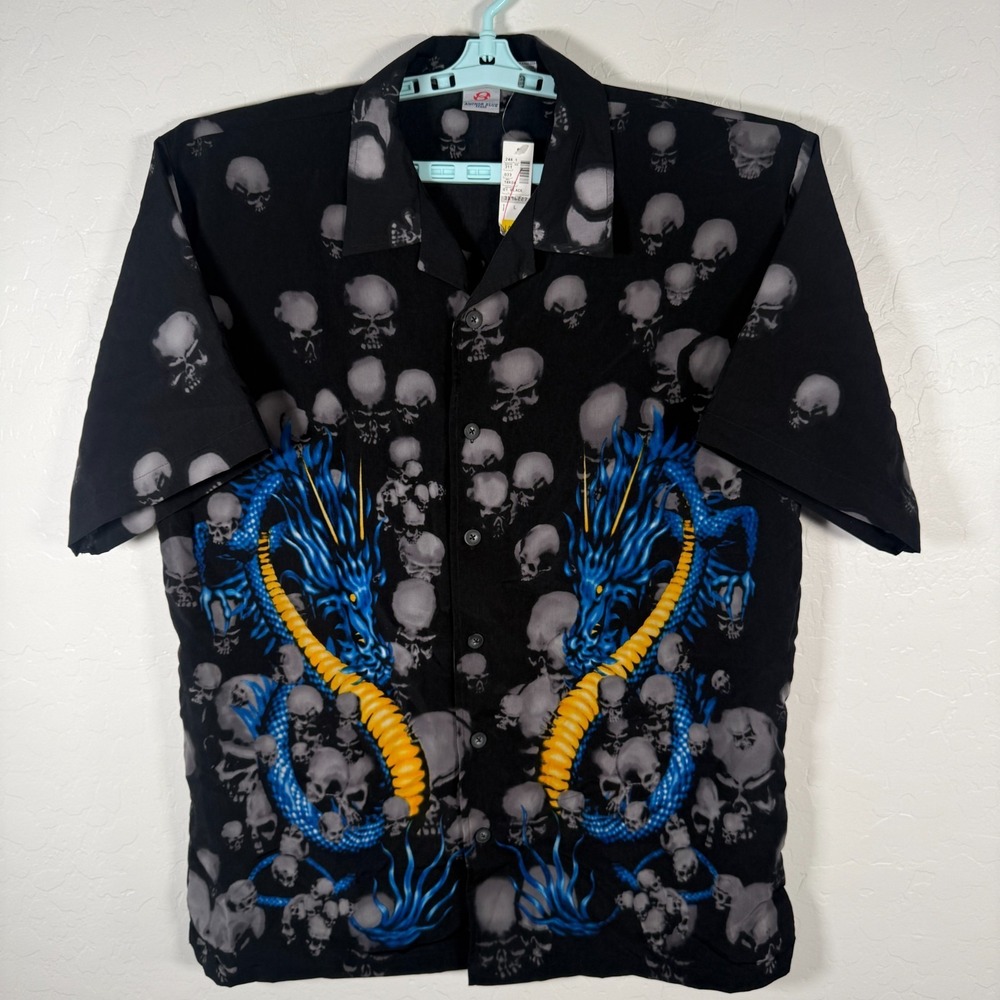 Anchor Blue Shirt Mens Large Black Button Up Dragon Skulls Deadstock Y2K Vintage